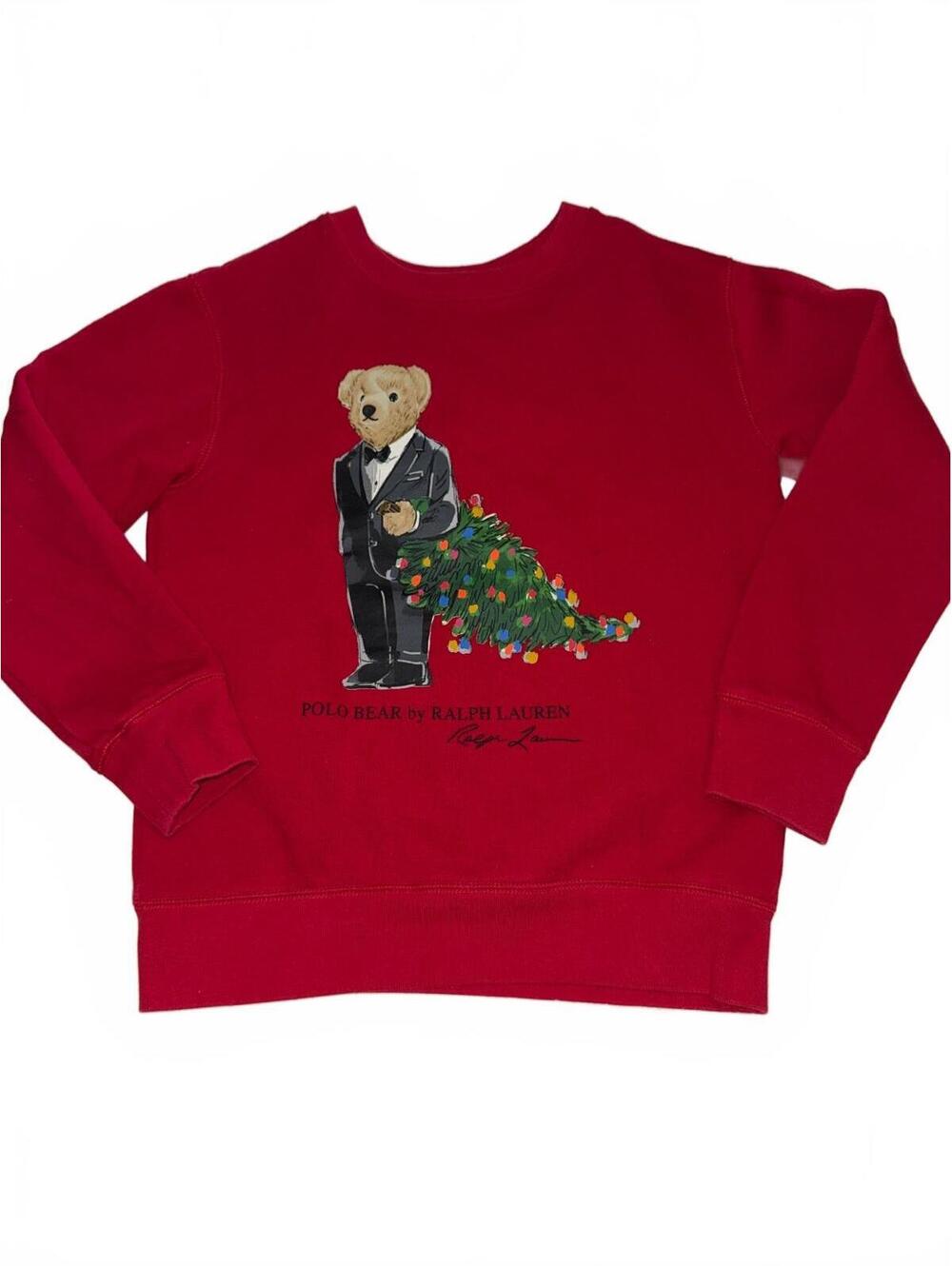 Polo Ralph Lauren Kids Red Sweatshirt with Tuxedo Bear and Christmas Tree Design